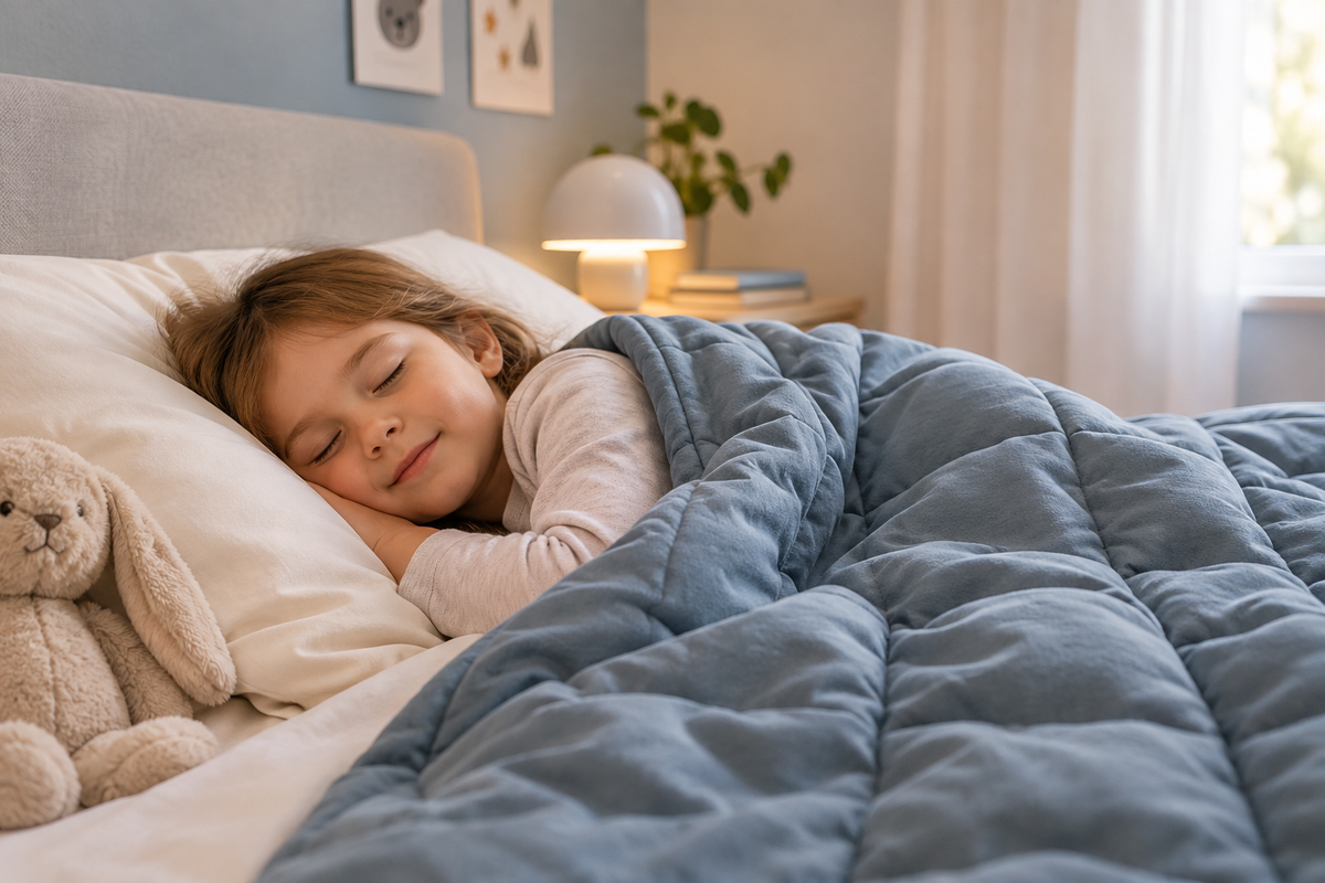 Child sleeping peacefully under a weighted blanket in a cozy Scandinavian bedroom